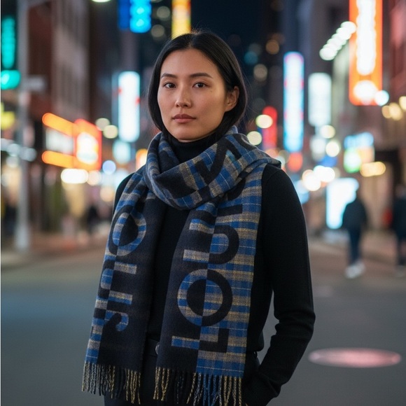 LOUIS VUITTON Women's Blue Escarp Check Scarf in Wool Cashmere - Picture 7 of 11